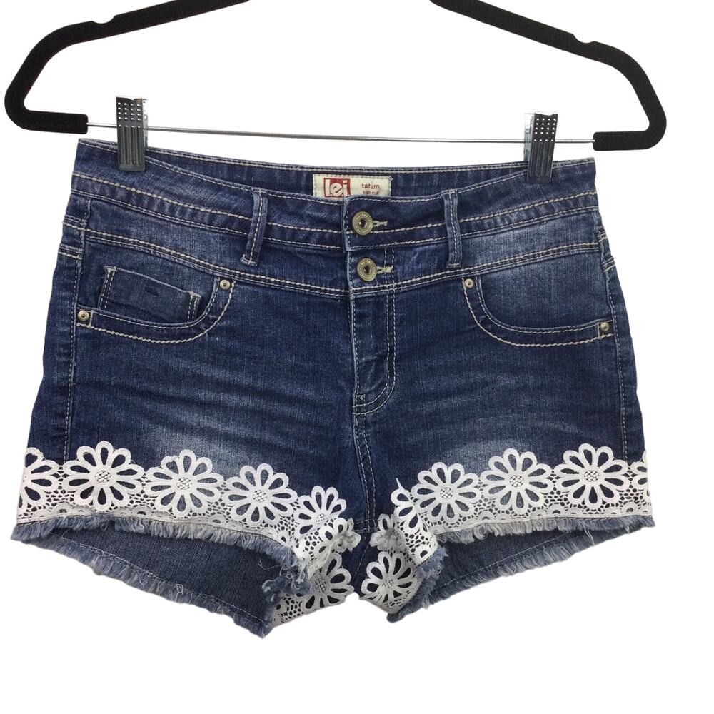 Lei Tatum High Rise Festival Lace Trim Dark Wash  Denim Jean Shorts Juniors 5